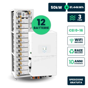KIT Fotovoltaico con Inverter Trifase Ibrido Deye 50kW WiFi TA + Sistema di Accumulo Deye LiFePO4 61.44 kWh con HV Box BMS e Arm