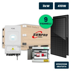 KIT Fotovoltaico Monofase 3kW con Inverter Ibrido, 9 Moduli TIER-1 430W (3.87kW) Black Frame, Quadro Combinato 1-1 AC-DC 3kW sen