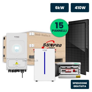 KIT Fotovoltaico Monofase 6kW con Inverter Ibrido, 15 Moduli TIER-1 430W (6.45kW) Black Frame con Accumulo LFP 6kWh e Quadro Com