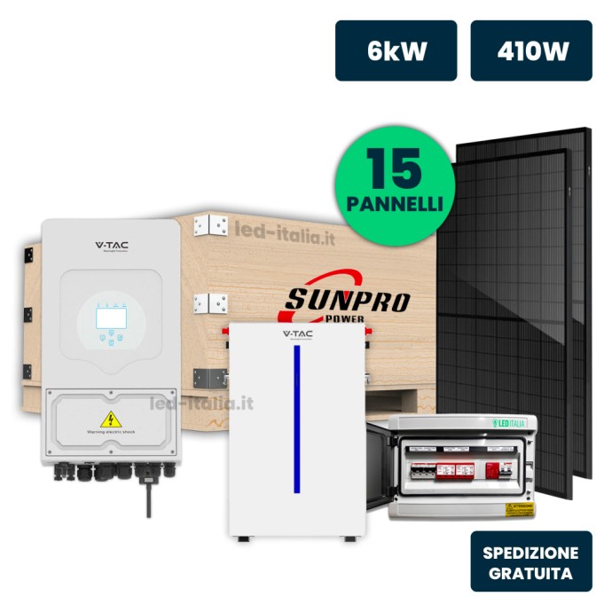 KIT Fotovoltaico Monofase 6kW con Inverter Ibrido, 15 Moduli TIER-1 430W (6.45kW) Black Frame con Accumulo LFP 6kWh e Quadro Com KIT Fotovoltaico Monofase 6kW con Inverter Ibrido, 15 Moduli TIER-1 430W (6.45kW) Black Frame con Accumulo LFP 6kWh e Quadro Com