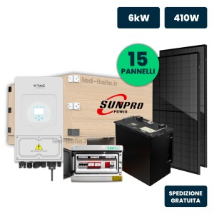 KIT Fotovoltaico Monofase 6kW con Inverter Ibrido, 15 Moduli TIER-1 430W (6.45kW) Black Frame con Accumulo LFP 10kWh e Quadro Co
