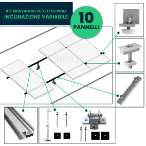 Kit Struttura in Alluminio per montaggio 10 Pannelli Fotovoltaici 35mm per installazione su Tetto Piano con Inclinazione Variabi