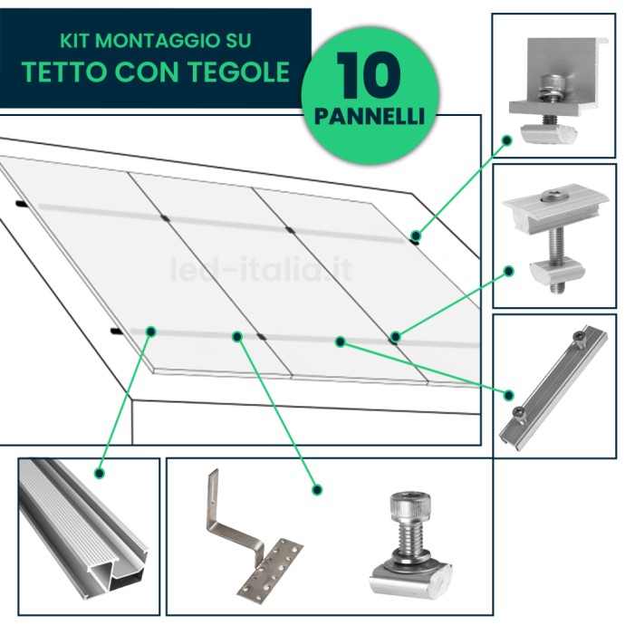 Kit Struttura in Alluminio per montaggio 10 Pannelli Fotovoltaici 35mm per installazione su Tetto con Tegole