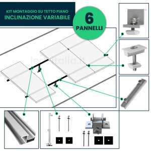 Kit Struttura in Alluminio per montaggio 6 Pannelli Fotovoltaici 35mm per installazione su Tetto Piano con Inclinazione Variabil
