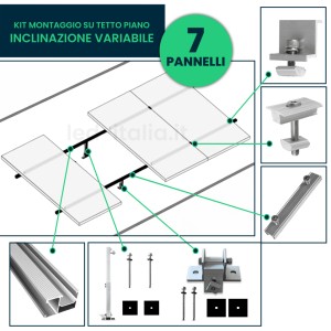 Kit Struttura in Alluminio per montaggio 7 Pannelli Fotovoltaici 35mm per installazione su Tetto Piano con Inclinazione Variabil
