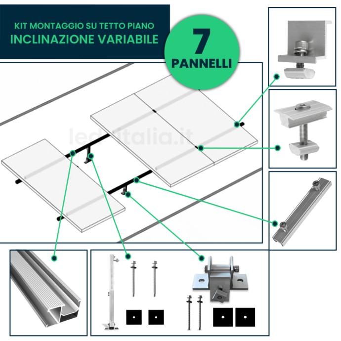 Kit Struttura in Alluminio per montaggio 7 Pannelli Fotovoltaici 35mm per installazione su Tetto Piano con Inclinazione Variabil