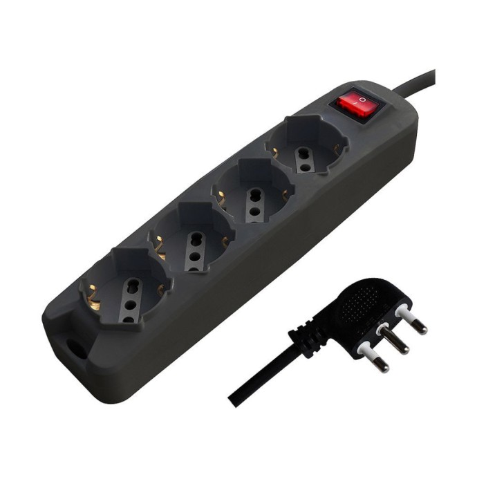 Multipresa con 4 Prese 10/16A 2P+T Bipasso/Schuko 45° e Interruttore Generale Luminoso e Cavo 1,5m Spina 16A 2P+T Colore Nero Multipresa con 4 Prese 10/16A 2P+T Bipasso/Schuko 45° e Interruttore Generale Luminoso e Cavo 1,5m Spina 16A 2P+T Colore Nero