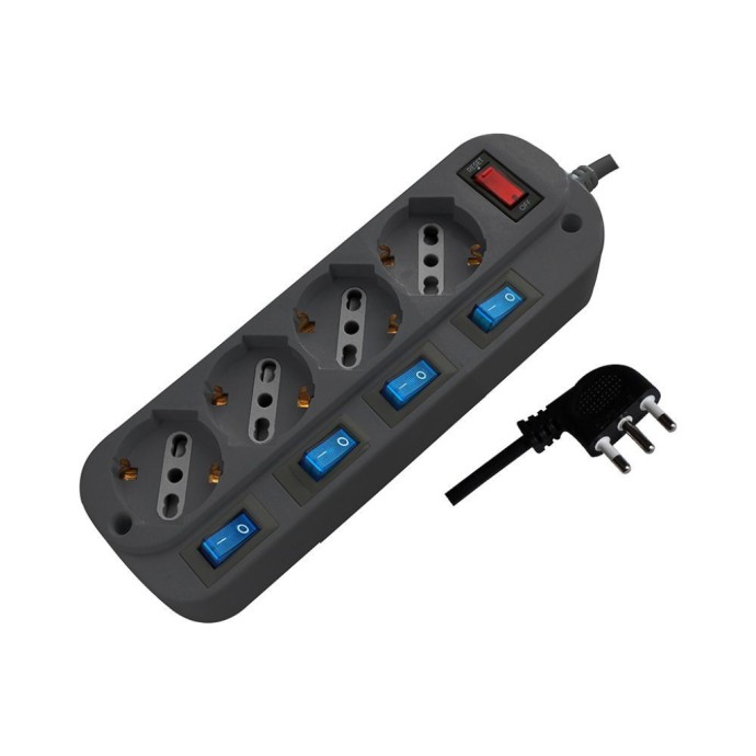 Multipresa con Cavo 1,5m e 4x Prese Bipasso/Schuko 10/16A, Spina 16A e Interruttori Indipendenti + Generale Colore Nero Multipresa con Cavo 1,5m e 4x Prese Bipasso/Schuko 10/16A, Spina 16A e Interruttori Indipendenti + Generale Colore Nero