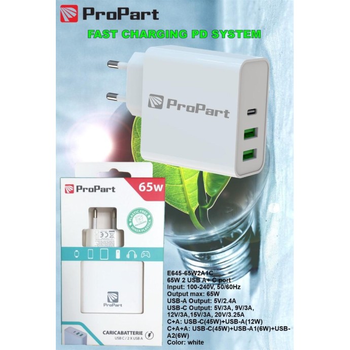 Caricabatteria 65 Watt 3 Uscite USB 2xA 1xC Modello EK-PD-06 Caricabatteria 65 Watt 3 Uscite USB 2xA 1xC Modello EK-PD-06