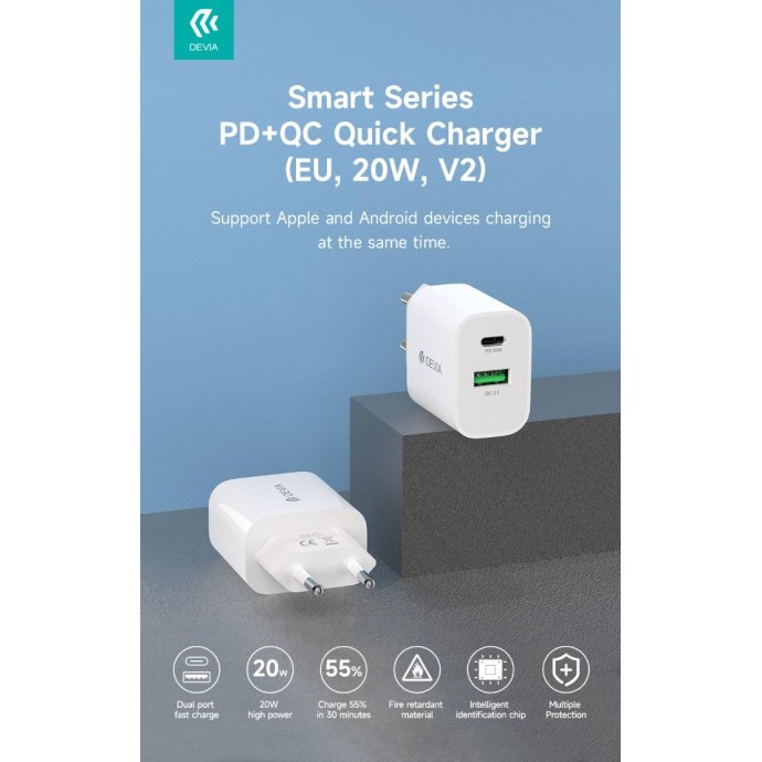 Carica batteria 2 uscite rapido PD+QC Usb-C + Usb-A 20 Watt Carica batteria 2 uscite rapido PD+QC Usb-C + Usb-A 20 Watt