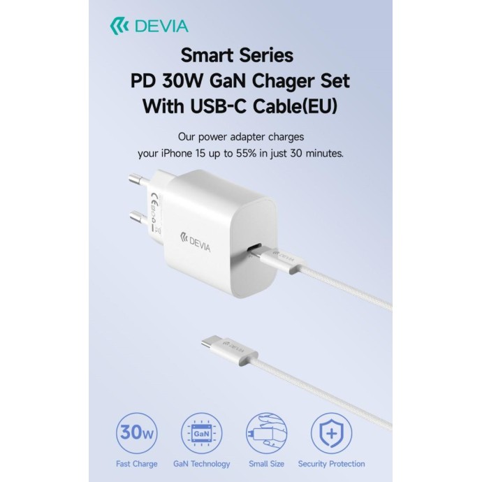 Carica Batterie Uscita con Cavo Tipo-C rapido PD 30 Watt GaN Carica Batterie Uscita con Cavo Tipo-C rapido PD 30 Watt GaN