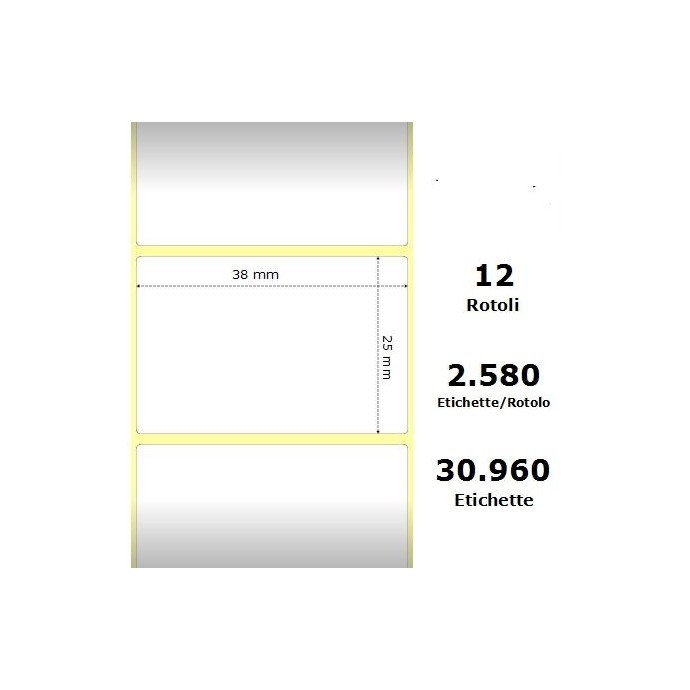 White 38x25mm, 2580 Et/Rotolo Z-1000D,1.5x1x1 Core ,12 Rolls