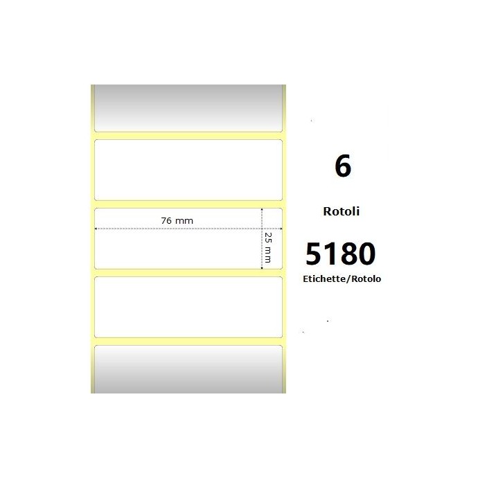 White 76x25mm,5180 Et/Rotolo Z-1000D, 3x1x3 Core, 6 Rolls