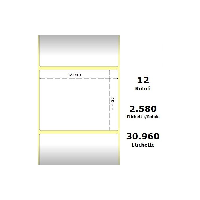 White 32x25mm, 2580 Et/Rotolo Z-2000D 1.3x1x1 Core, 12 Rolls White 32x25mm, 2580 Et/Rotolo Z-2000D 1.3x1x1 Core, 12 Rolls