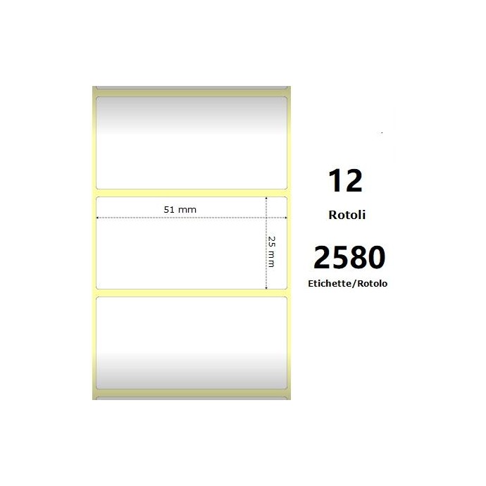 White 51x25mm, 2580 Et/Rotolo Z-2000D, 2x1x1 Core, 12 Rolls White 51x25mm, 2580 Et/Rotolo Z-2000D, 2x1x1 Core, 12 Rolls