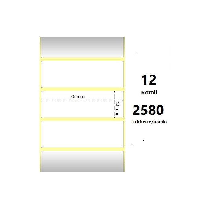 White 76x25mm, 2580 Et/Rotolo Z-2000D, 3x1x1 Core, 12 Rolls White 76x25mm, 2580 Et/Rotolo Z-2000D, 3x1x1 Core, 12 Rolls