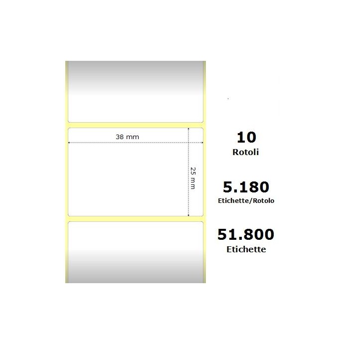 White 38x25mm, 5180 Et/Rotolo Z-2000D, 1.5x1x3 Core,10 Rolls White 38x25mm, 5180 Et/Rotolo Z-2000D, 1.5x1x3 Core,10 Rolls
