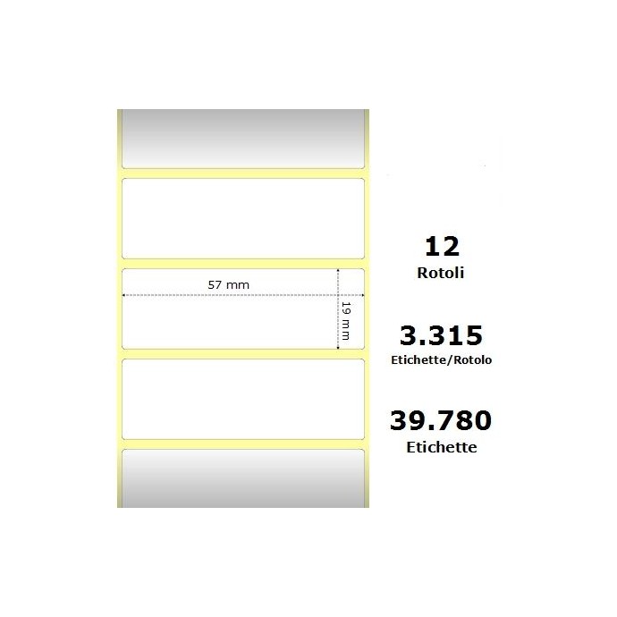 White 57x19mm,3315 Et/Rotolo Z-2000D,2.2x0.7x1Core, 12 Rolls