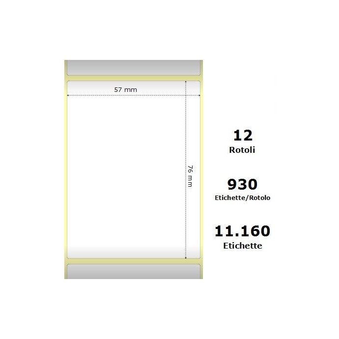 White 57x76mm,930 Et/Rotolo Z-2000D, 2.2x3x1 Core, 12 Rolls