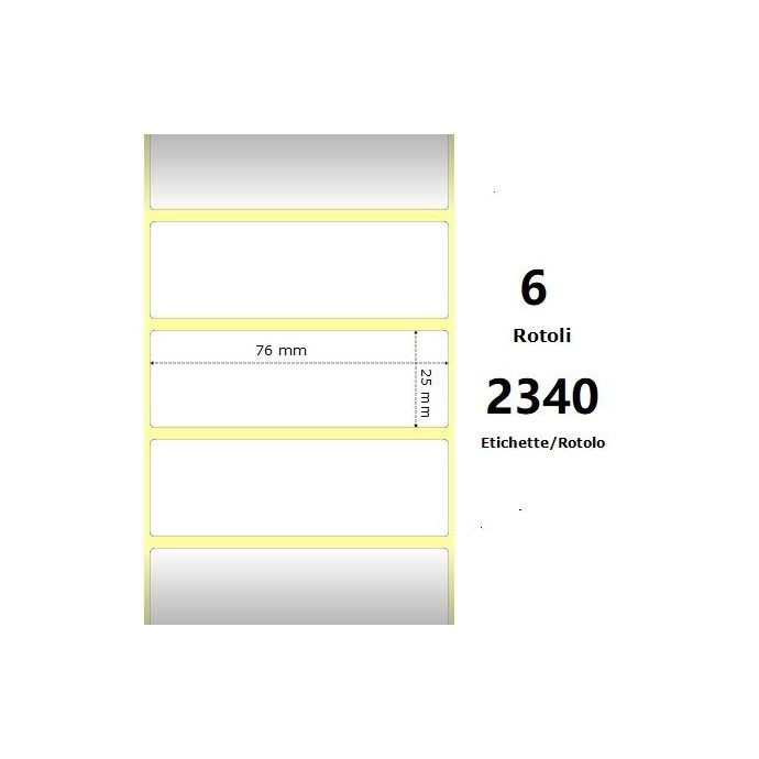White 76x25mm,2340 Et/Rotolo Z-4000D, 3x1x1 Core, 6 Rolls
