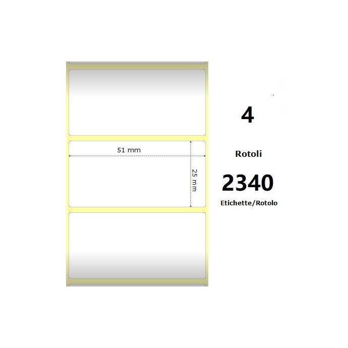 White 51x25mm,2340 Et/Rotolo Z-4000D, 2x1x1 Core, 4 Rolls