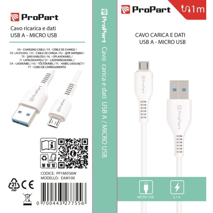 Cavo Carica e Dati Micro Usb 2.1 A. Lunghezza 1 metro Bianco Cavo Carica e Dati Micro Usb 2.1 A. Lunghezza 1 metro Bianco