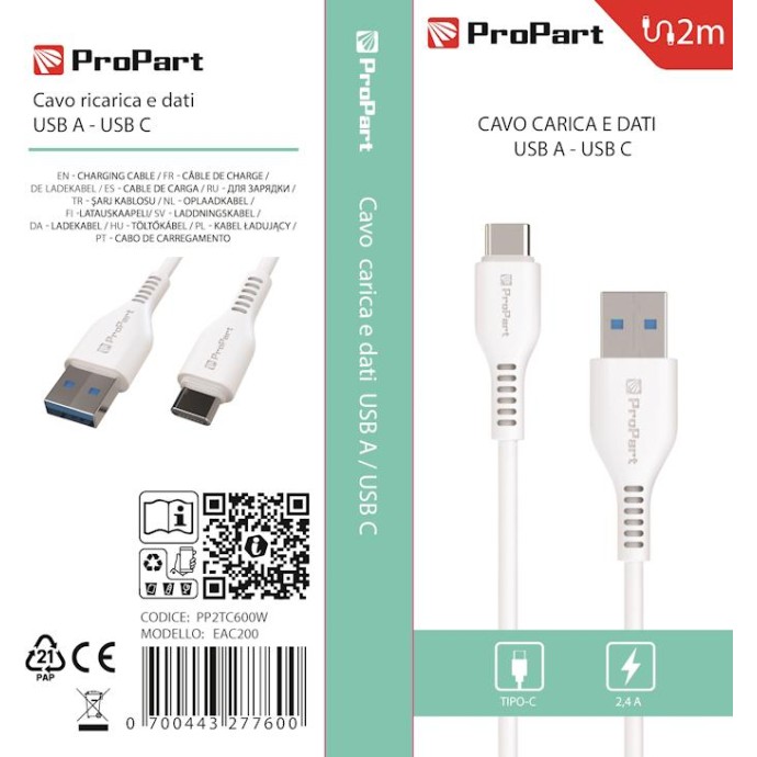 Cavo Carica e Dati Tipo-C 2.4 A. Lunghezza 2 metri Bianco Cavo Carica e Dati Tipo-C 2.4 A. Lunghezza 2 metri Bianco