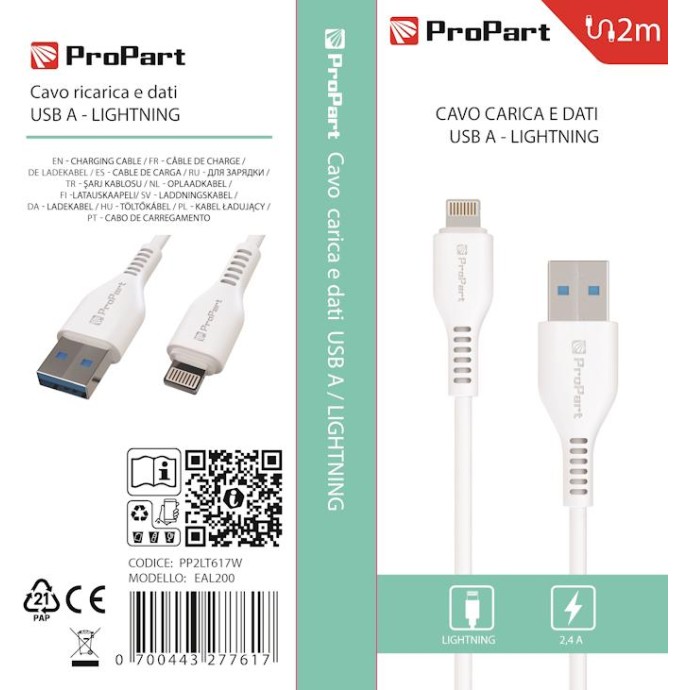 Cavo Lightning Apple 5V 2.4A 2mt Carica e dati Bianco Cavo Lightning Apple 5V 2.4A 2mt Carica e dati Bianco