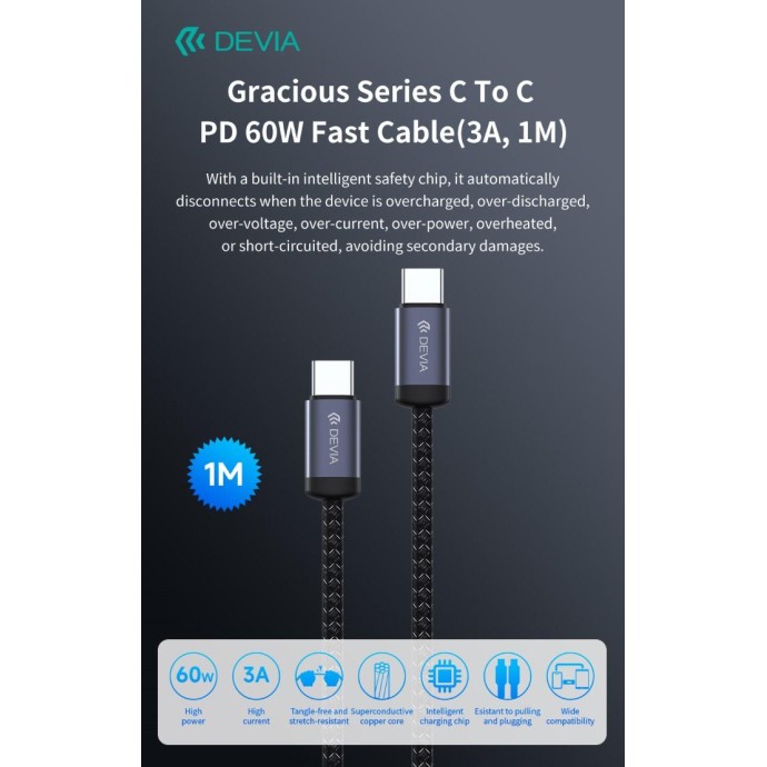 Cavo Devia da Tipo-C a Tipo-C PD 60W Alta velocita 1 Metro Cavo Devia da Tipo-C a Tipo-C PD 60W Alta velocita 1 Metro