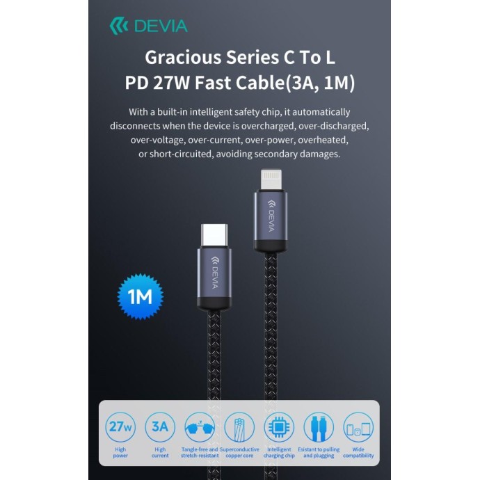 Cavo Devia da Tipo-C a Lightning PD 27W Alta velocita 1 Metr Cavo Devia da Tipo-C a Lightning PD 27W Alta velocita 1 Metr