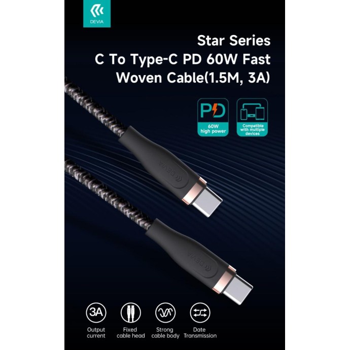 Cavo Intrecciato da C a C 60W 3A, 1,5 Metri Nero Cavo Intrecciato da C a C 60W 3A, 1,5 Metri Nero