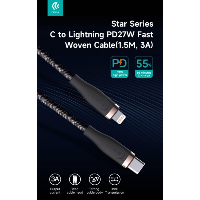 Cavo Intrecciato da C a Lightning 27W 3A, 1,5 Metri PD Nero Cavo Intrecciato da C a Lightning 27W 3A, 1,5 Metri PD Nero