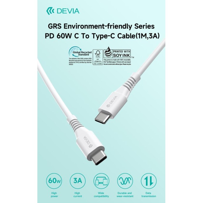 Cavo Certificato GRS da Tipo C a C 60W 3A 1 Metro PD Cavo Certificato GRS da Tipo C a C 60W 3A 1 Metro PD