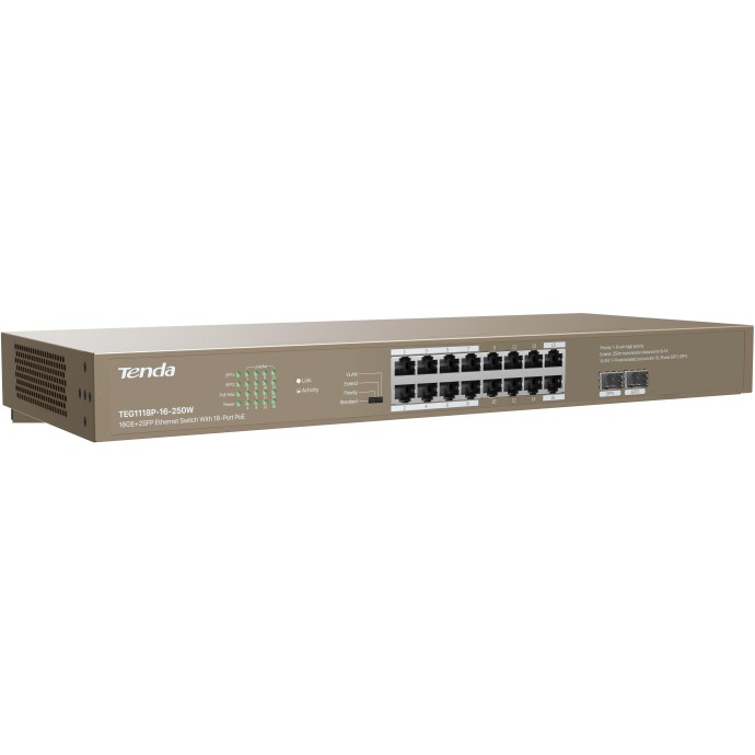 Switch Tenda 16-Porte PoE 16GE+2SFP - 250W Switch Tenda 16-Porte PoE 16GE+2SFP - 250W