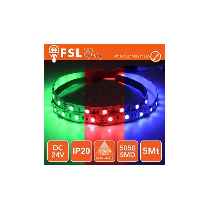 Striscia LED 5m IP20 5050 24V - 12W/m 60led/m RGB Striscia LED 5m IP20 5050 24V - 12W/m 60led/m RGB