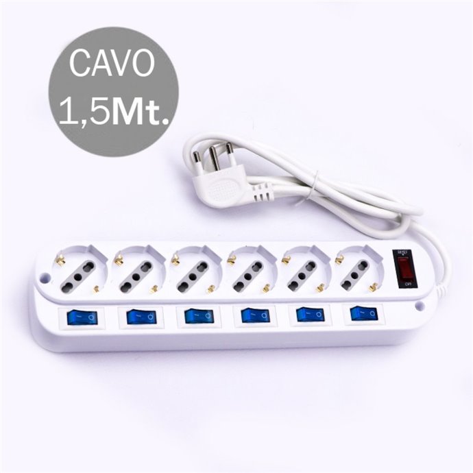 Multipresa con Cavo 1,5m e 6x Prese Bipasso/Schuko 10/16A, Spina 16A e Interruttori Indipendenti + Generale Colore Bianco Multipresa con Cavo 1,5m e 6x Prese Bipasso/Schuko 10/16A, Spina 16A e Interruttori Indipendenti + Generale Colore Bianco