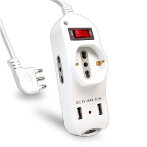 Multipresa con Cavo 1,5m e 3x Prese 10/16A (2x Laterali Bipasso + 1x Frontale Schuko), 2x Prese USB-A, Spina 16A e Interruttore 