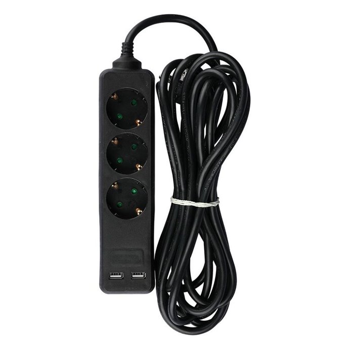 3 Ways Socket with 2 USB (3G 1.5mm2 X 5M) Polybag with Card Black 3 Ways Socket with 2 USB (3G 1.5mm2 X 5M) Polybag with Card Black