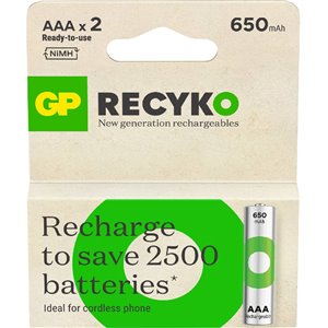 Recyko Batteria Ricaricabile 1,5V Mini Stilo AAA 650mAh (Confezione 2 Pezzi)