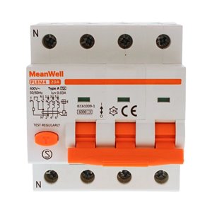 Magnetotermico Differenziale MeanWell Tipo A Curva C 3P+Neutro 4M 6kA 30mA C20A 400V IP20 IEC61009