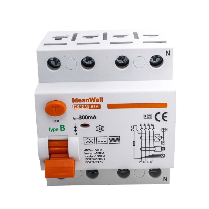 Interruttore Differenziale Puro MeanWell Tipo B 3P+N 4M 10000A 300mA 63A AC 400V IP20 IEC61008-1 / IEC62423 PR8HM