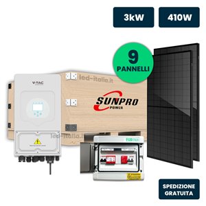 KIT Fotovoltaico Monofase 3kW con Inverter Ibrido, 9 Moduli TIER-1 430W (3.87kW) Black Frame, Quadro Combinato 1-1 AC-DC 3kW sen