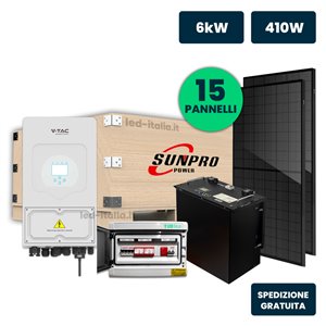 KIT Fotovoltaico Monofase 6kW con Inverter Ibrido, 15 Moduli TIER-1 430W (6.45kW) Black Frame con Accumulo LFP 10kWh e Quadro Co