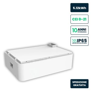 Batteria di Accumulo Impilabile 5.12kWh LiFePO4 per Inverter Fotovoltaici Alta Tensione CEI 0-21 51.2V 100Ah Garanzia 10 Anni IP