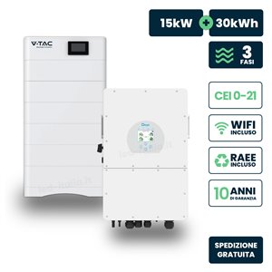 Kit Fotovoltaico Alta Tensione con Inverter Ibrido Trifase Deye 15kW e Accumulo LiFePO4 30.72kWh, BMS TA WiFi Inclusi, CEI-021 G
