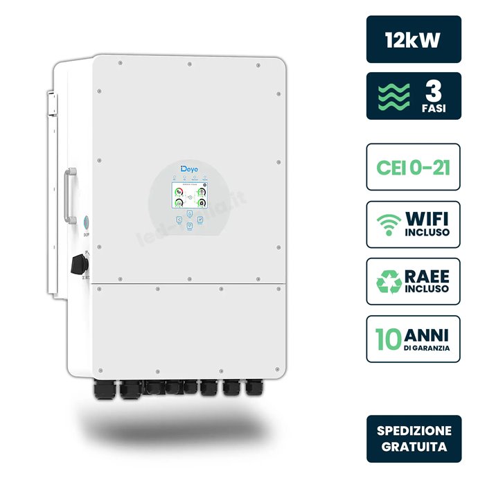 Inverter Fotovoltaico Deye Trifase Ibrido On-Grid/Off-Grid 12kW, Doppio MPPT, CEI 0-21, Schermo LCD Touch, WiFi e TA Inclusi, Ga Inverter Fotovoltaico Deye Trifase Ibrido On-Grid/Off-Grid 12kW, Doppio MPPT, CEI 0-21, Schermo LCD Touch, WiFi e TA Inclusi, Ga