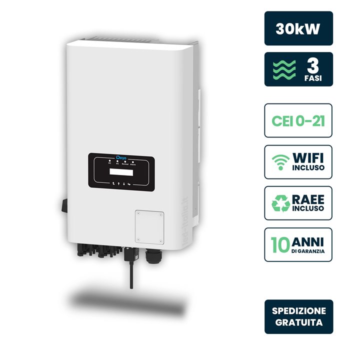 Inverter Fotovoltaico Deye Trifase di Rete On-Grid 30kW CEI 0-21 con Schermo LCD, Inclusi TA e WiFi Garanzia 10 Anni IP65 Inverter Fotovoltaico Deye Trifase di Rete On-Grid 30kW CEI 0-21 con Schermo LCD, Inclusi TA e WiFi Garanzia 10 Anni IP65