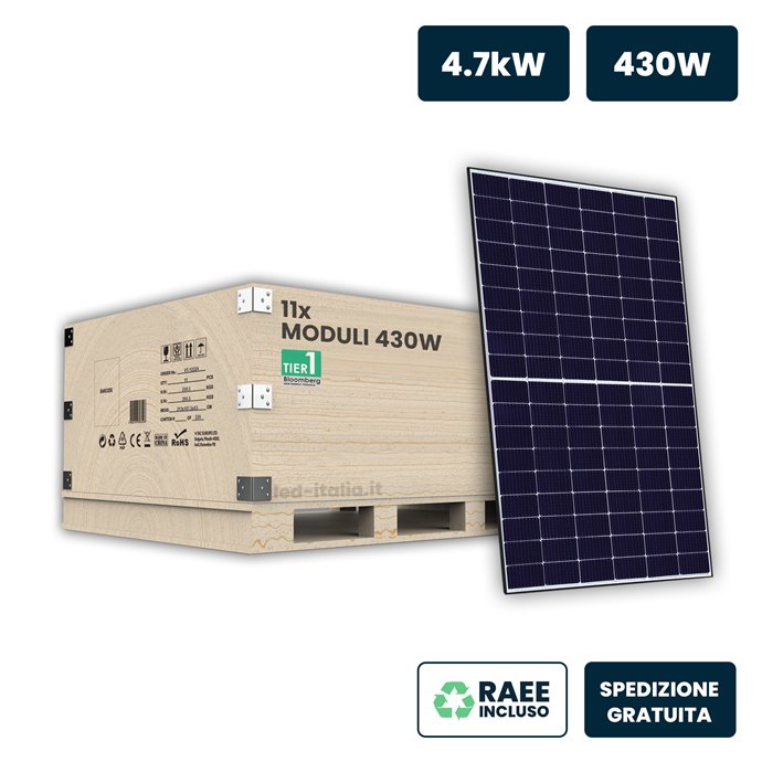 Set 5kW con 11 Pannelli Solari Fotovoltaici Moduli 430W TIER-1 TOPCon Black Frame IP67/IP68 1722x1134x30mm Set 5kW con 11 Pannelli Solari Fotovoltaici Moduli 430W TIER-1 TOPCon Black Frame IP67/IP68 1722x1134x30mm