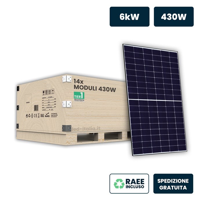 Set 6kW con 14 Pannelli Solari Fotovoltaici Moduli 430W TIER-1 TOPCon Black Frame IP67/IP68 1722x1134x30mm Set 6kW con 14 Pannelli Solari Fotovoltaici Moduli 430W TIER-1 TOPCon Black Frame IP67/IP68 1722x1134x30mm