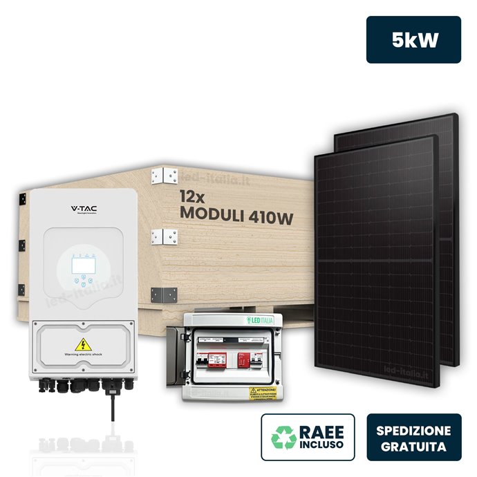 KIT Fotovoltaico Monofase 5kW con Inverter Ibrido, 12 Moduli TIER-1 430W (5.16kW) Black Frame, Quadro Combinato 1-1 AC-DC 5kW se KIT Fotovoltaico Monofase 5kW con Inverter Ibrido, 12 Moduli TIER-1 430W (5.16kW) Black Frame, Quadro Combinato 1-1 AC-DC 5kW se